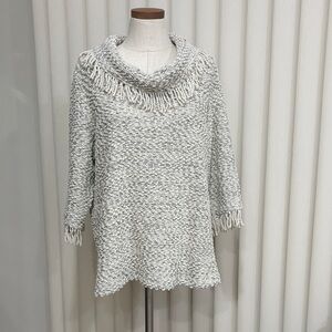 Ali Miles Women's petite cream chunky Cowl Neck tunic Sweater with fringe cotton